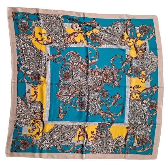 💖 2/$30 Square Satin oversized boho Floral blue paisley Old Money hair Scarf - Picture 1 of 16